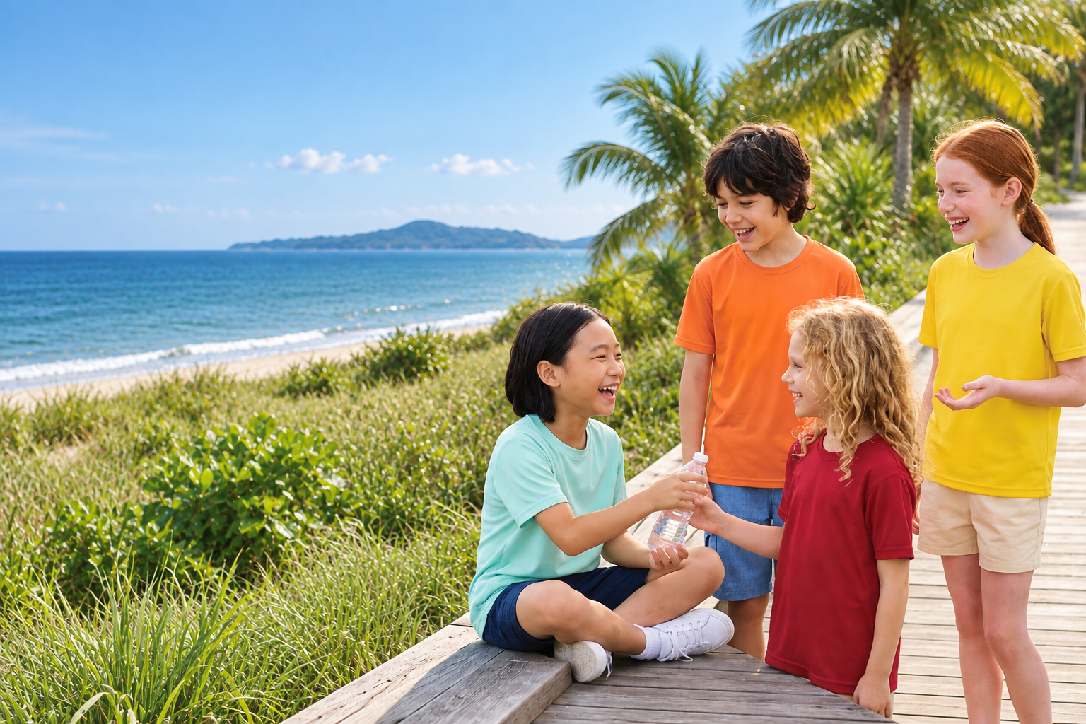 Four children in colourful T-shirts laughing together on a seaside boardwalk